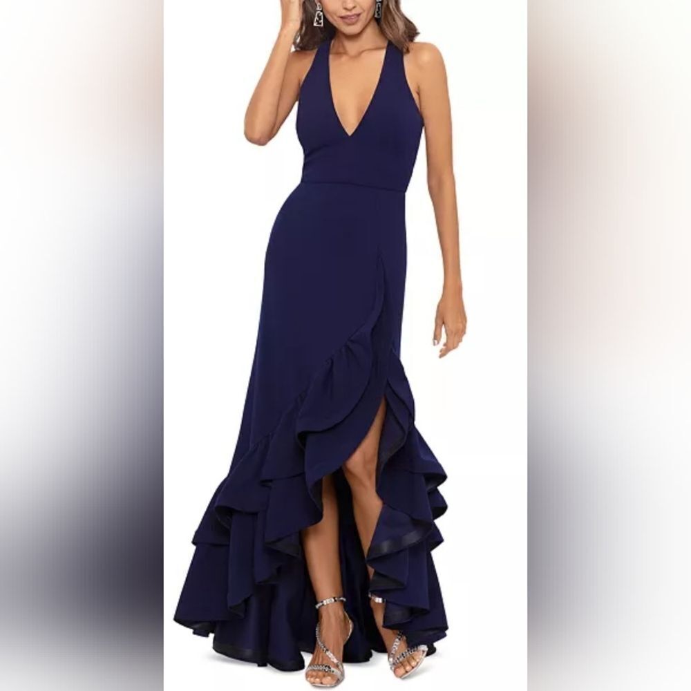 Betsy & Adam  Ruffle Tier Scuba Crepe Dress NWT Size 12 Navy Blue
